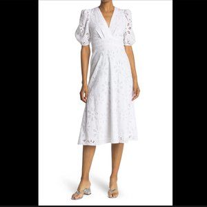 Maggy London Twist Front V-neck Eyelet Midi Dress In Soft White, Size 6